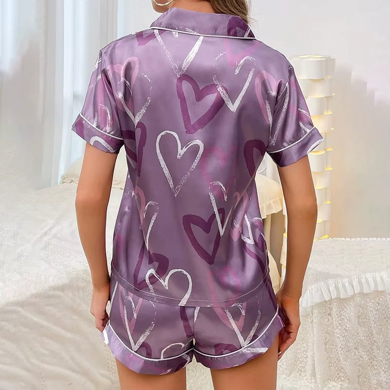 Women'S Heart Print Casual Pajama Set Short Sleeve Buttons Lapel Top and Shorts Sleepwear Comfortable Relaxed Fit for Halloween