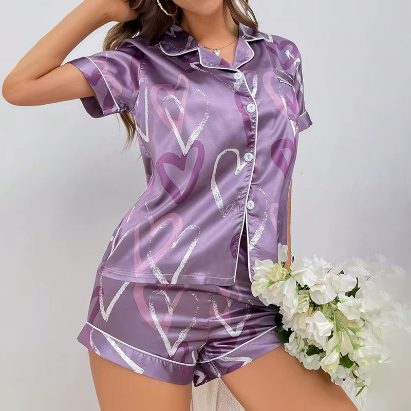 Women'S Heart Print Casual Pajama Set Short Sleeve Buttons Lapel Top and Shorts Sleepwear Comfortable Relaxed Fit for Halloween